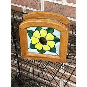 Stained Glass & Wood Napkin Holder Vintage